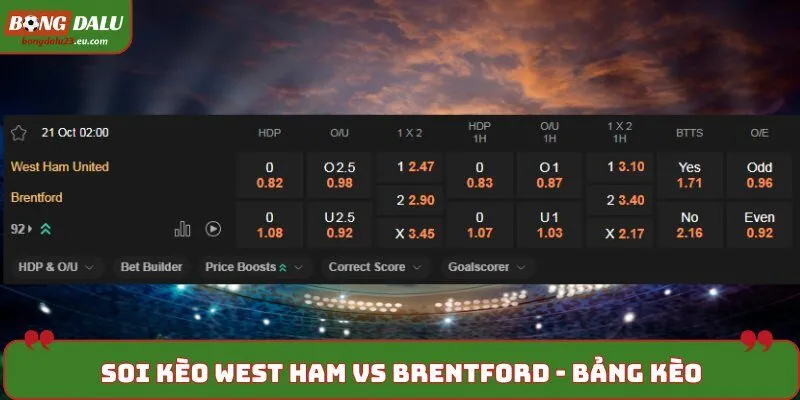 Soi kèo West Ham vs Brentford - bảng tỷ lệ kèo